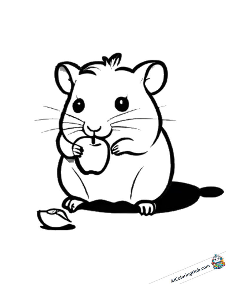Coloring page cute hamster eats an apple