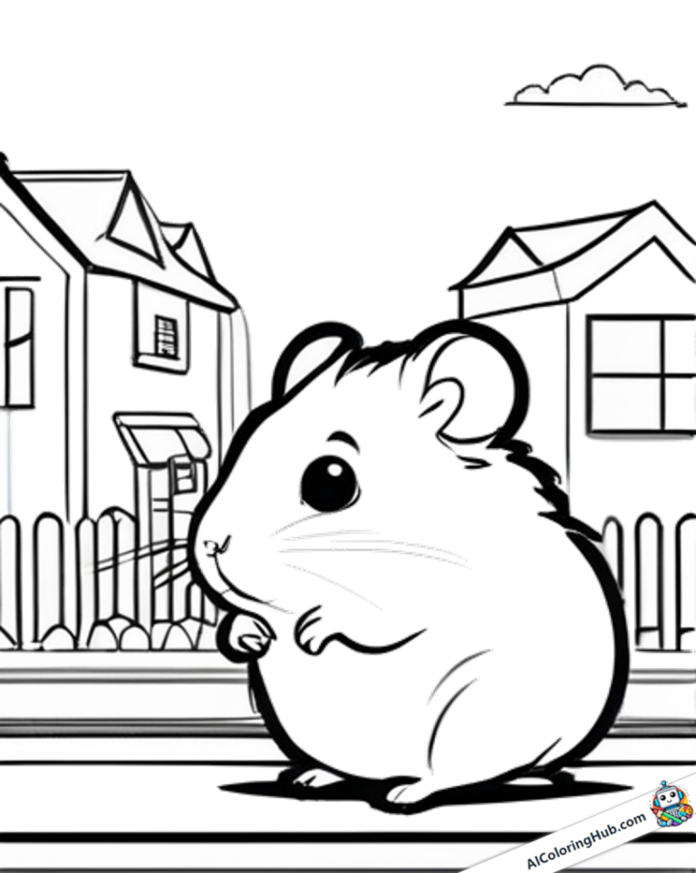 Coloring template small hamster in front of houses