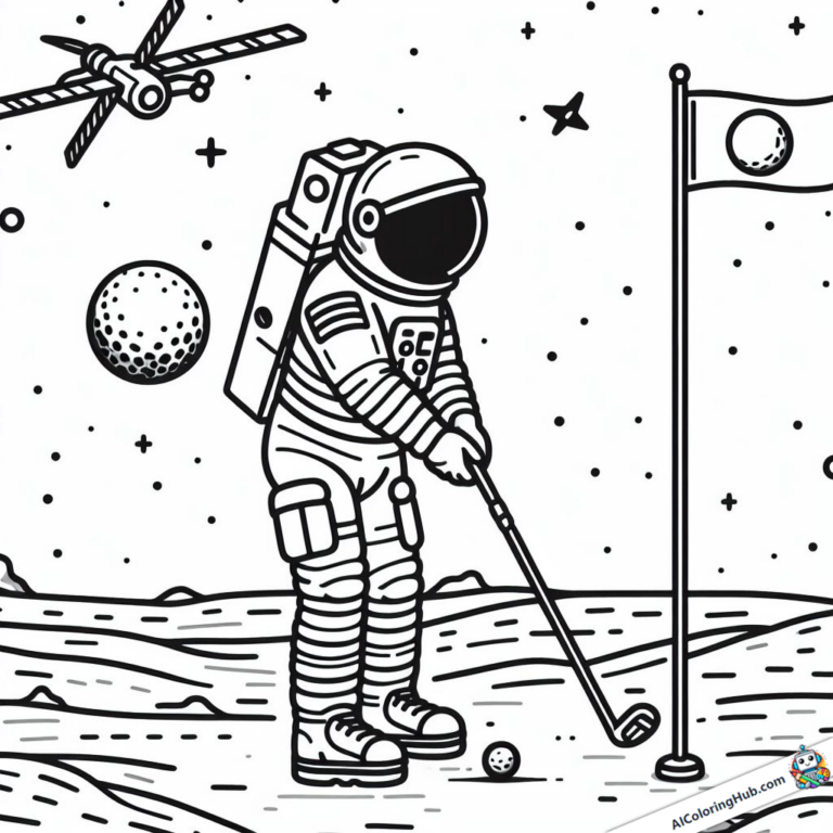 Coloring graphic Astronaut plays golf on asteroid