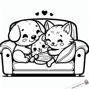 Coloring graphic Dog cuddles with cat and mouse on sofa