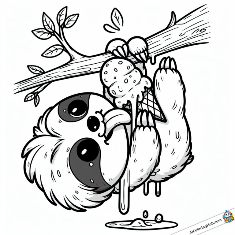 Coloring page Sloth hangs on a branch and licks an ice cream