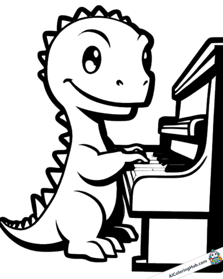 Coloring template Dinosaur playing the piano