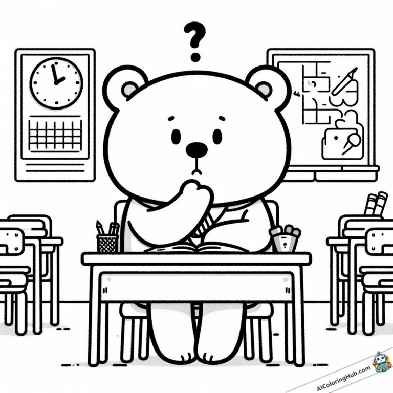 Coloring page Perplexed bear at school desk