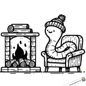Coloring graphic Worm sits on wing chair in front of fireplace