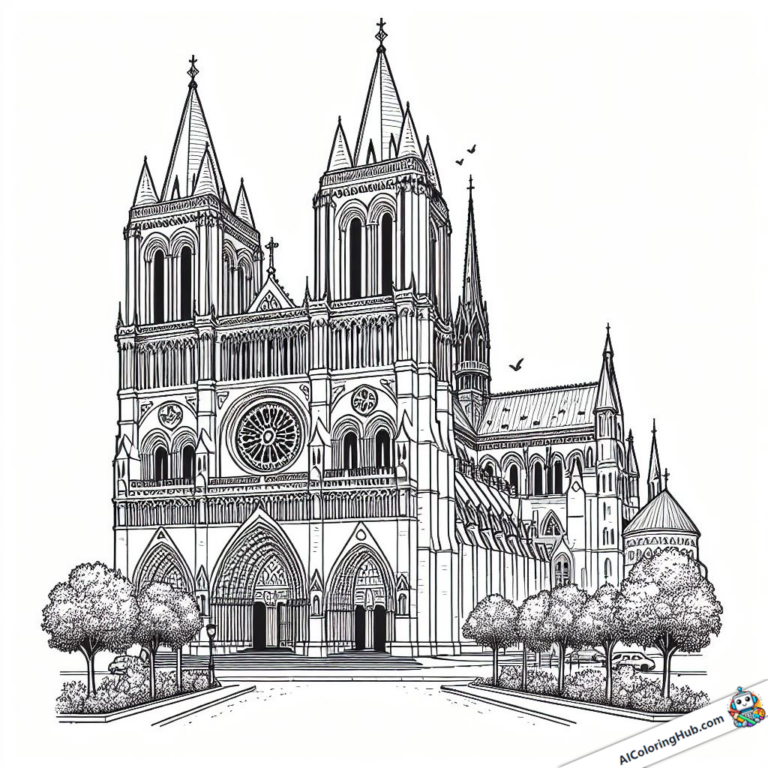 Coloring graphic majestic cathedral with park