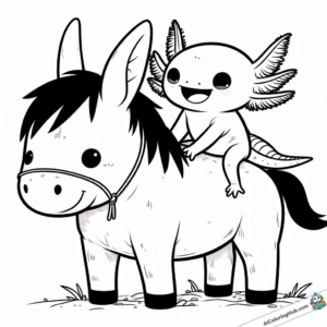 Coloring page Baby axolotl rides on donkey