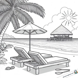 Coloring page Loungers on the beach under palm trees