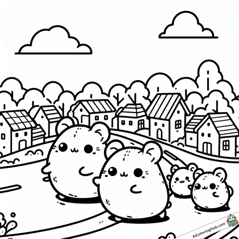 Coloring picture Hamster family goes for a walk
