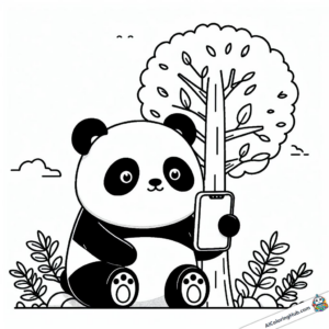Coloring picture Panda sits under the tree and looks at his cell phone