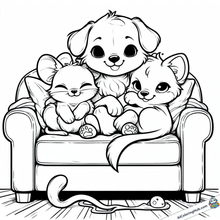 Coloring template Dog cat mouse cuddling on sofa