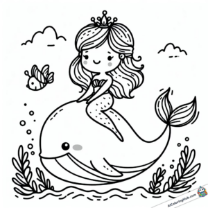 Coloring graphic Little mermaid rides a whale