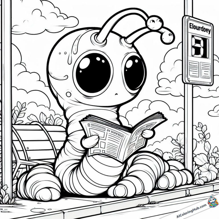 Coloring page Alien waits for the bus and reads the newspaper