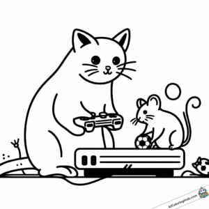 Coloring page Cat and mouse play with console