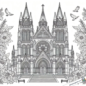 Coloring page Church surrounded by flowers