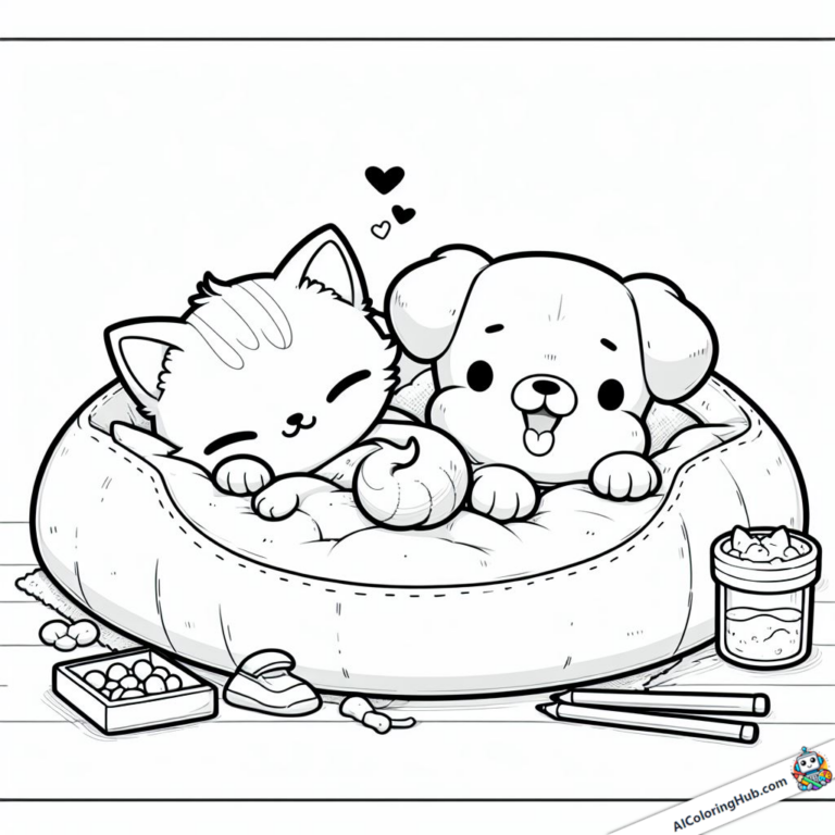 Coloring page Dog and cat share a resting place