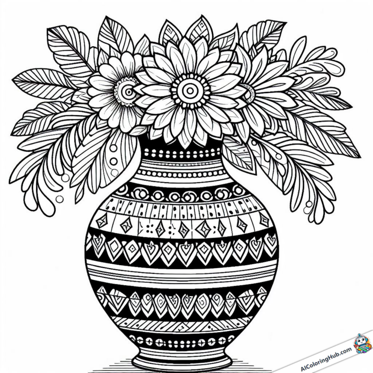 Coloring page Flowers in patterned vase