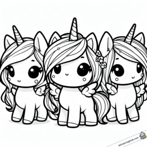 Coloring page three posing unicorns
