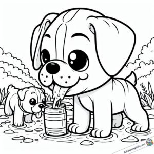 Coloring picture Dogs drink from glass in the forest