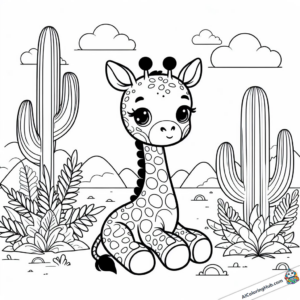 Coloring picture Giraffe child sits between 2 cacti