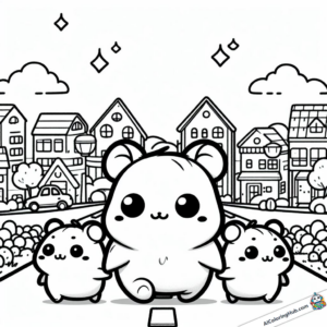 Coloring picture Hamster goes for a walk with daughter and son