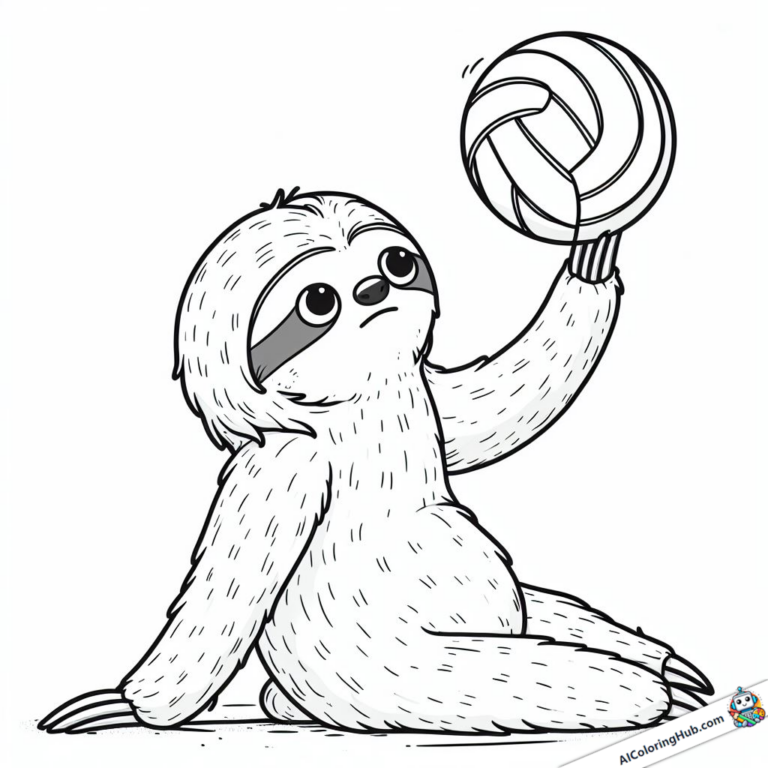 Coloring picture Sloth marvels at volleyball