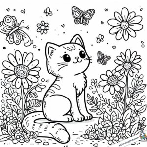Coloring template Cat in flower meadow observes butterflies