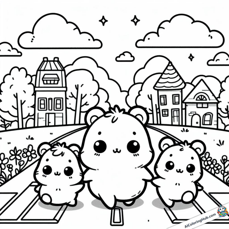 Coloring template Hamster family on the way to school