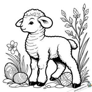 Coloring page Easter lamb in the garden