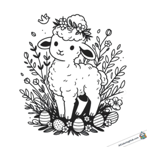 Coloring page Easter lamb with flower crown