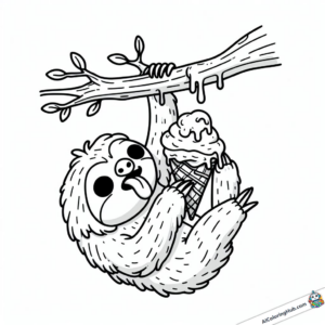 Coloring page Sloth hangs on the tree with ice