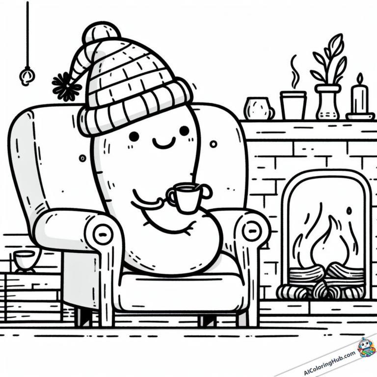 Coloring page Worm with bobble hat in front of fireplace