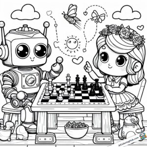 Coloring picture Robot plays chess with girls