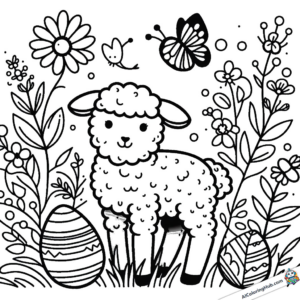 Coloring template Easter lamb in a meadow