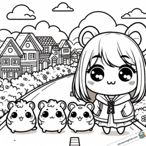 Coloring template Girl goes for a walk with hamsters