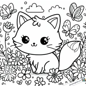 Coloring template Kitten in the garden