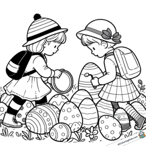 Coloring picture Children with a mountain of Easter eggs
