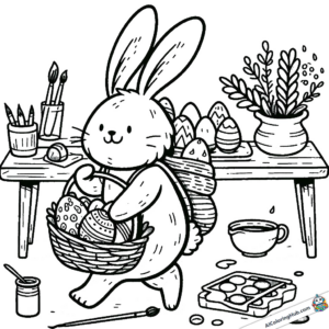 Coloring picture Easter bunny in his workshop