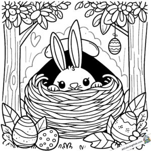 Coloring template Easter bunny peeks out of the nest