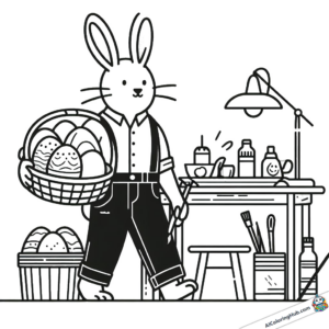Coloring picture Rabbit with basket in workshop