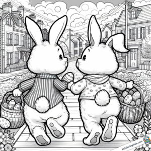 Coloring graphic two rabbits with a basket full of eggs running on the road