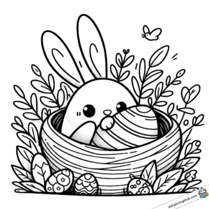 Coloring picture Easter bunny sits in the nest and hides behind an egg