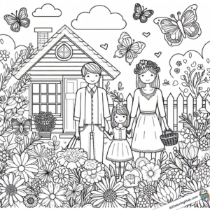 Coloring template Family in garden with flowers and butterflies