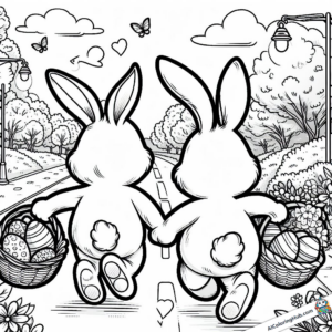 Coloring template Two Easter bunnies deliver eggs
