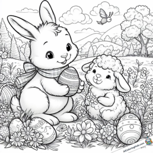 Drawing Bunny gives Easter egg to lamb