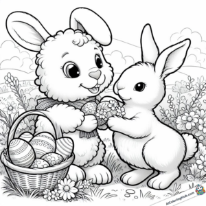 Drawing two rabbits with a basket full of Easter eggs