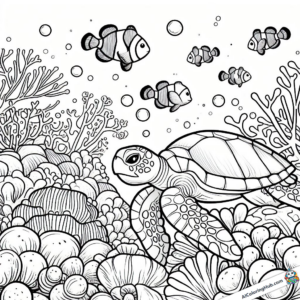Coloring page Turtle swims with fish in the sea