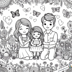 Coloring picture Family in the garden with butterflies in the air