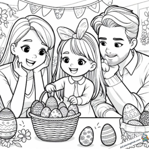 Coloring picture Girl and her family enjoy the Easter nest