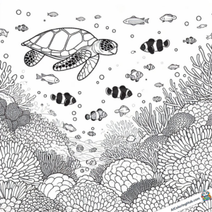 Coloring picture Turtle swimming in the coral reef
