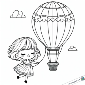Coloring template Girl hoists hot air balloon on a line